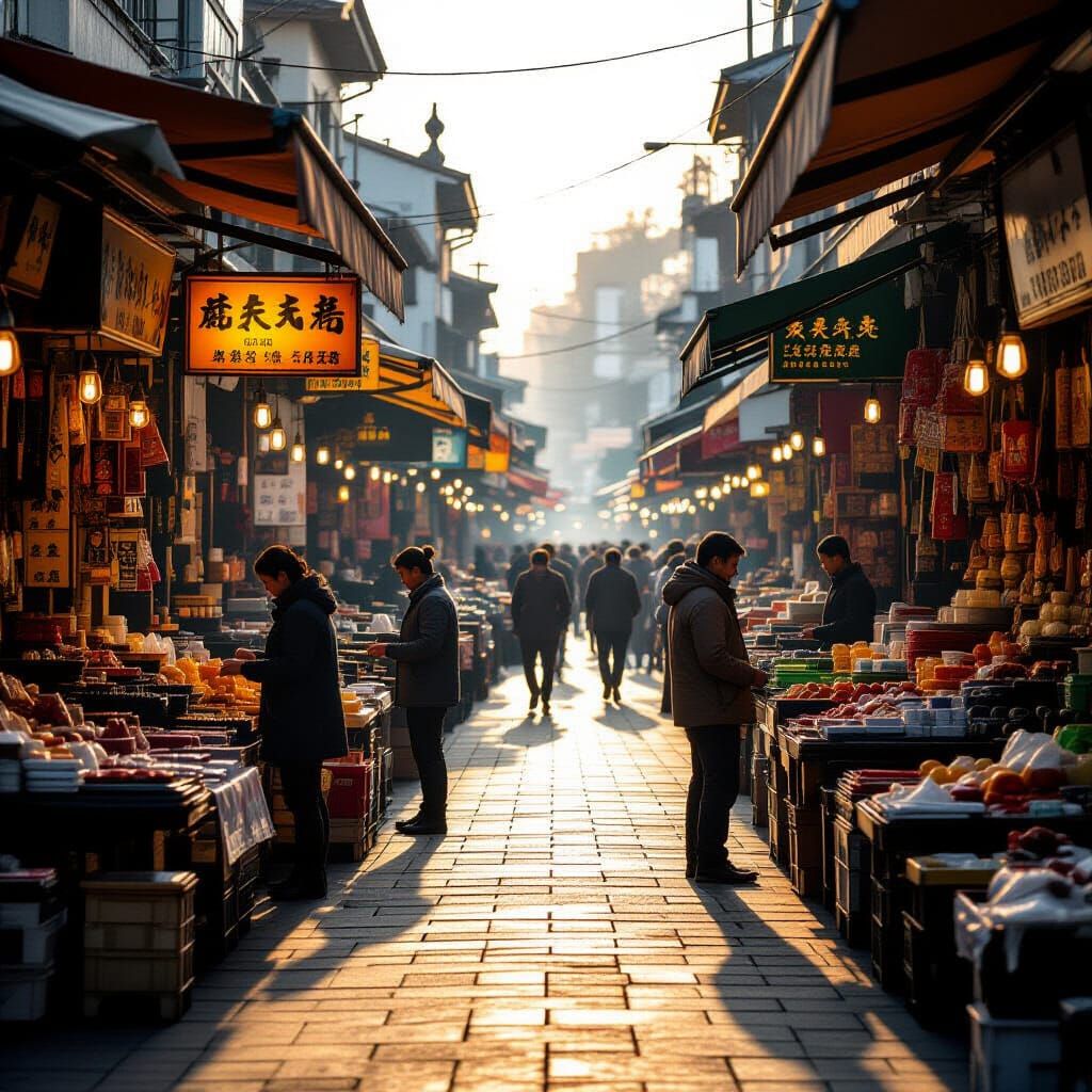 Bustling Marketplace at Dawn with Cinematic Lighting