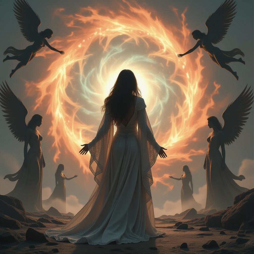 Woman at Universe Axis in Dark Surrealist Style