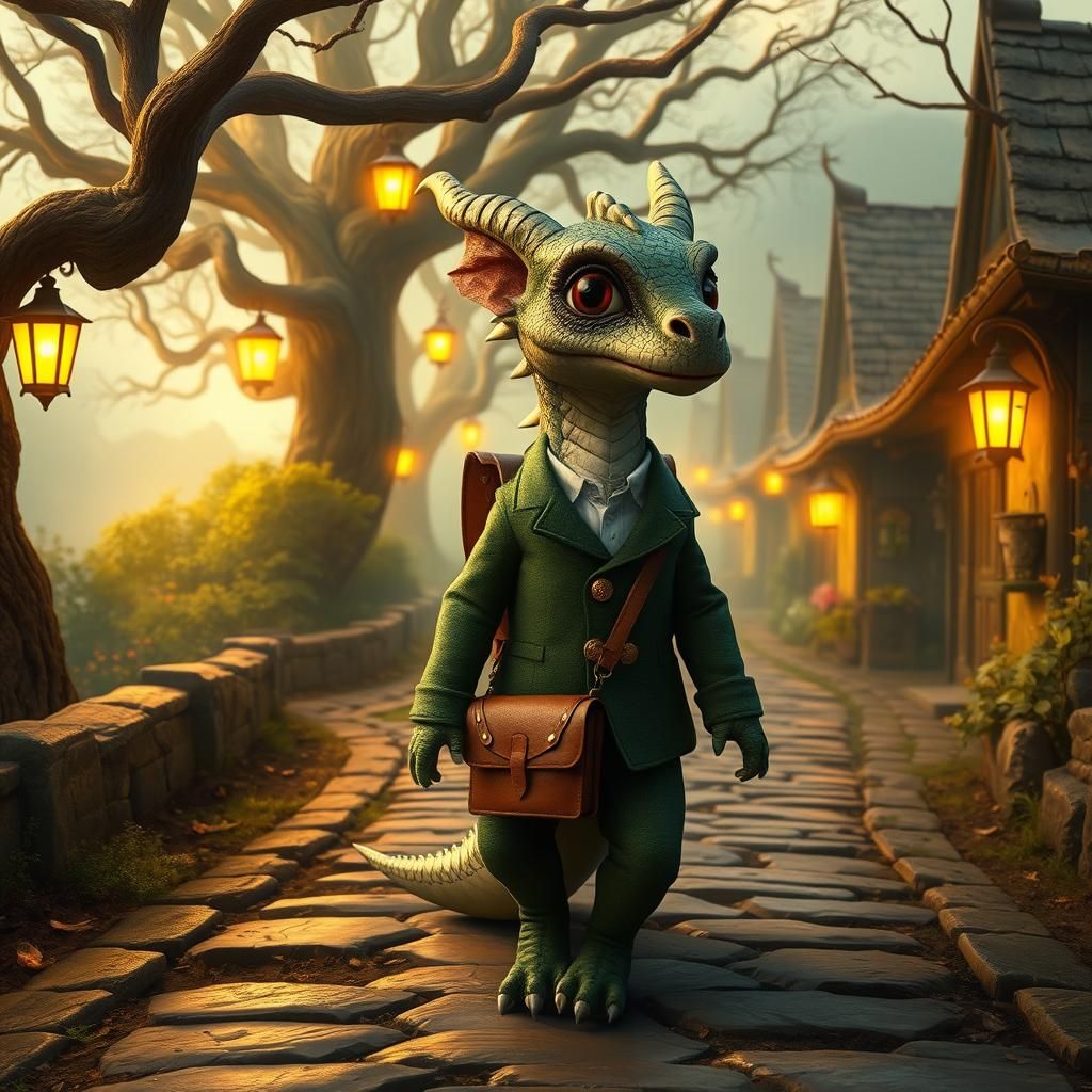 Dragon in Suit Walks to School: Fantasy Art
