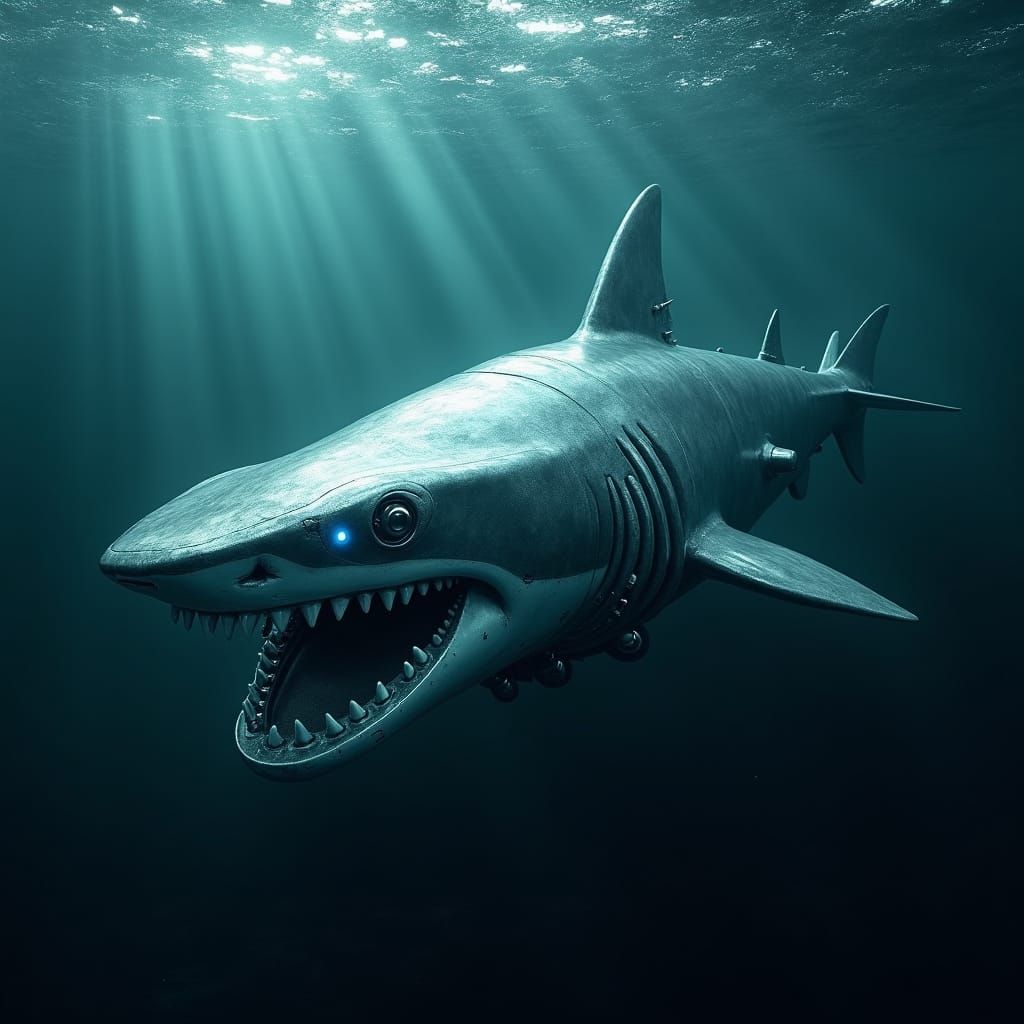 Cybernetic Shark-Submarine Hybrid Patrols Dark Ocean