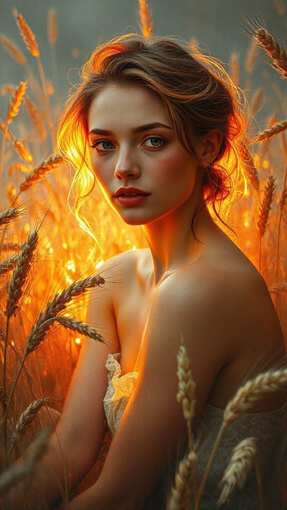 Opalescent Woman in Crystalline Wheat Field as Impasto Paint...