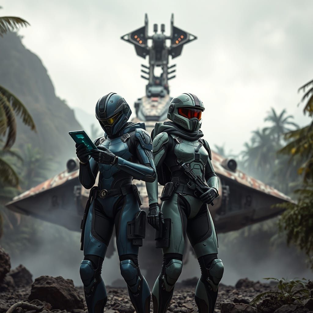 Futuristic Mercenaries on Alien Planet in Armored Suits