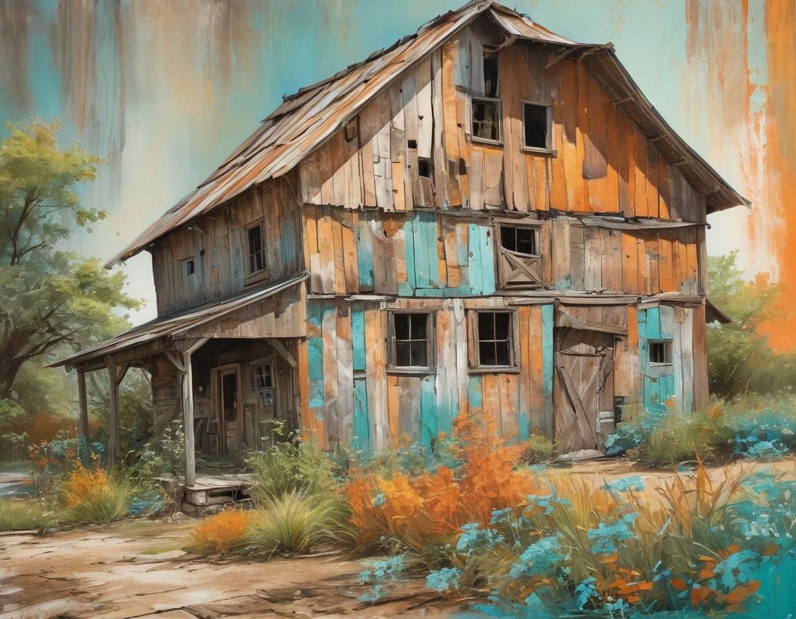 Vintage Barn in Summer: Ink Wash Painting