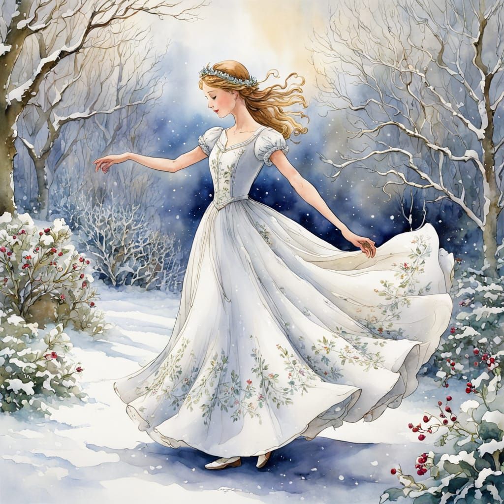 Dancing Girl in Winter Garden Watercolor