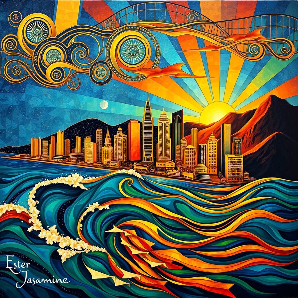 Vibrant Cityscape Blends Egyptian Art Deco, Nouveau, and Mon...