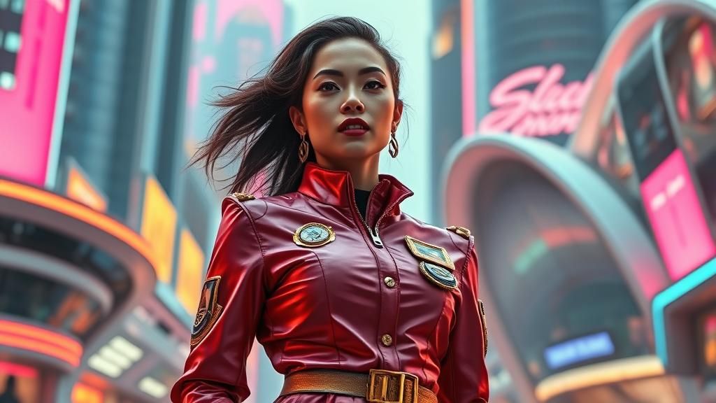 Retrofuturistic Woman in Cityscape, Cinematic Sci-Fi Art