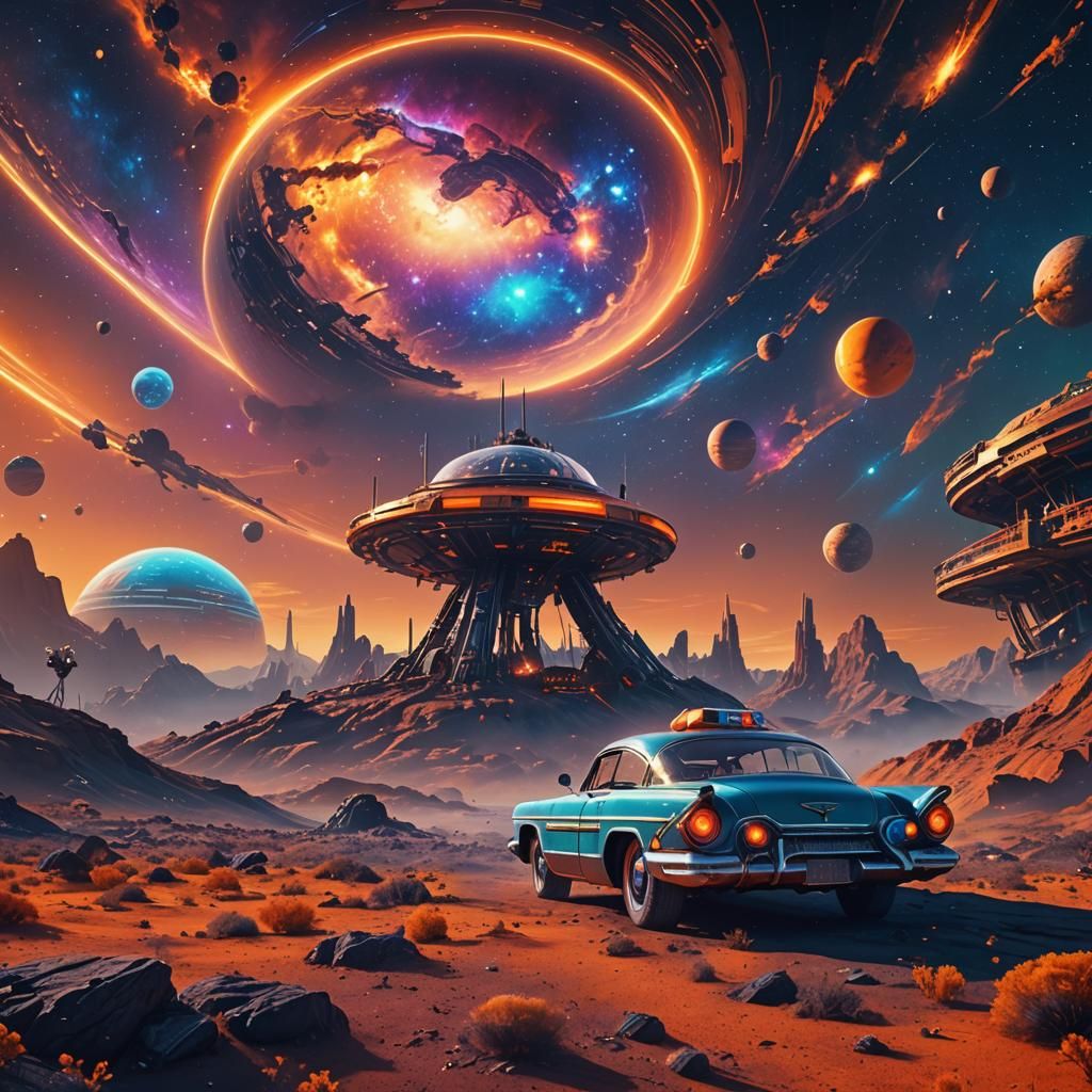 Retro Time Machine Lands on Neon Galaxy