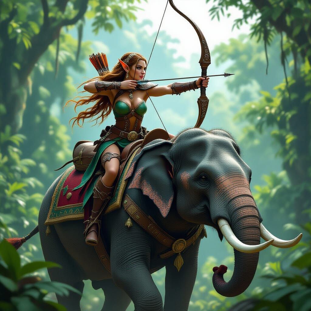 Elf Archer Rides War Elephant Through Jungle