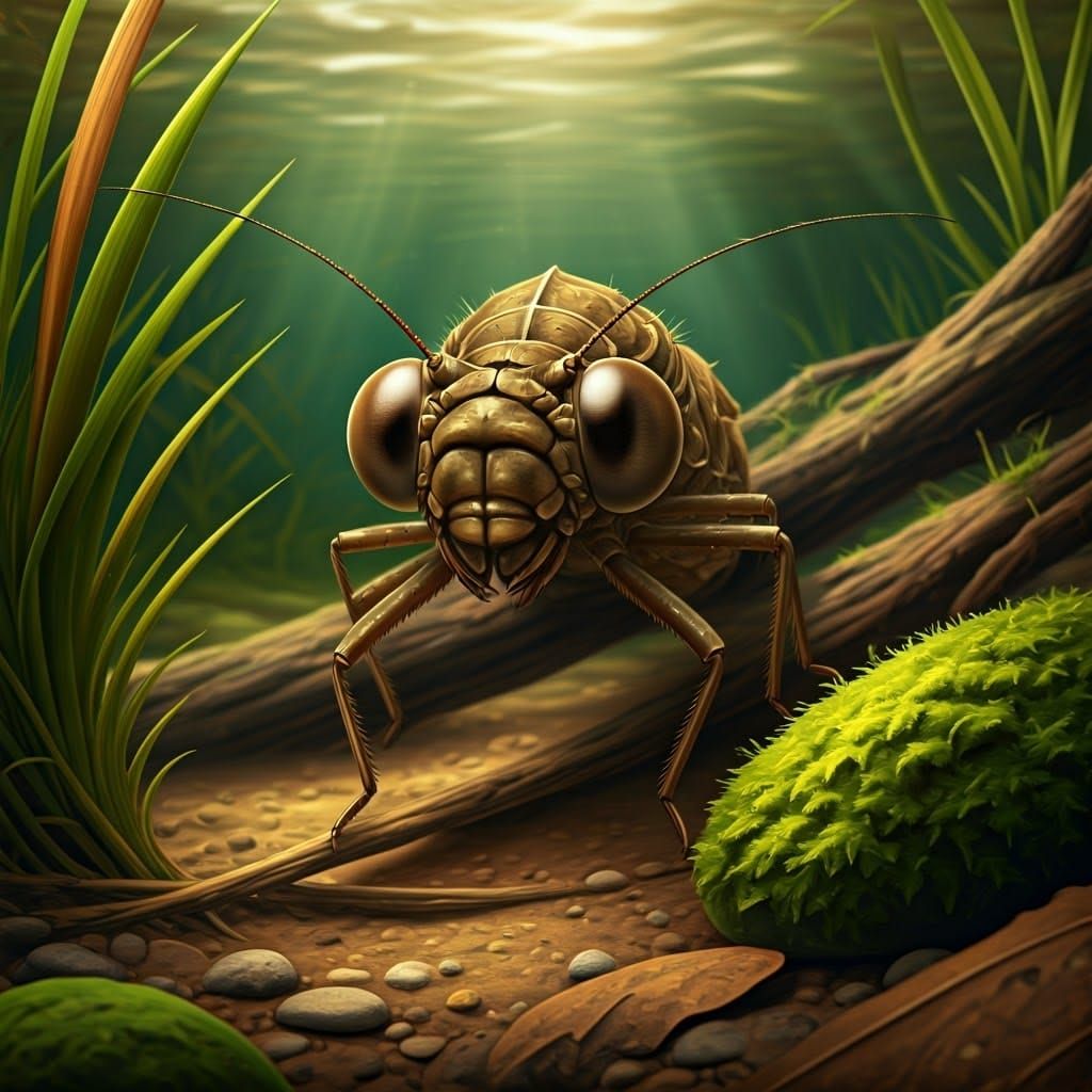 Dragonfly Larvae Portrait in Swampy Depths