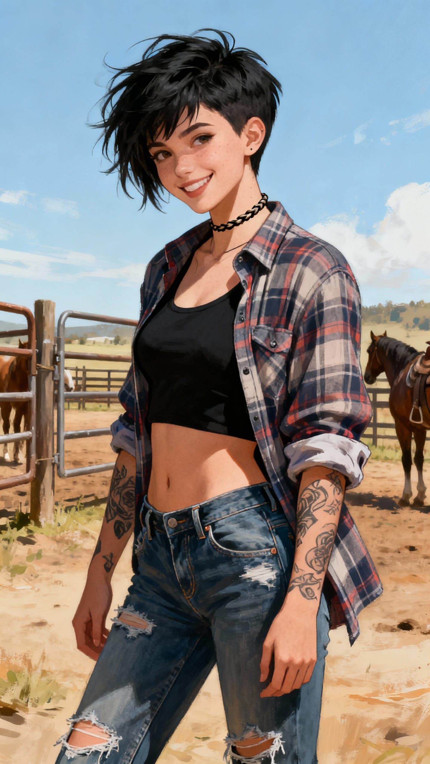 Confident Girl on Ranch with Horses