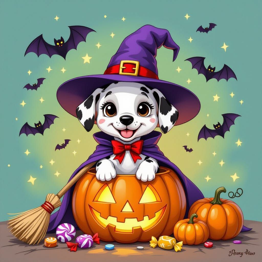 Dalmatian Puppy Witch in Pumpkin, Cartoon Illustration