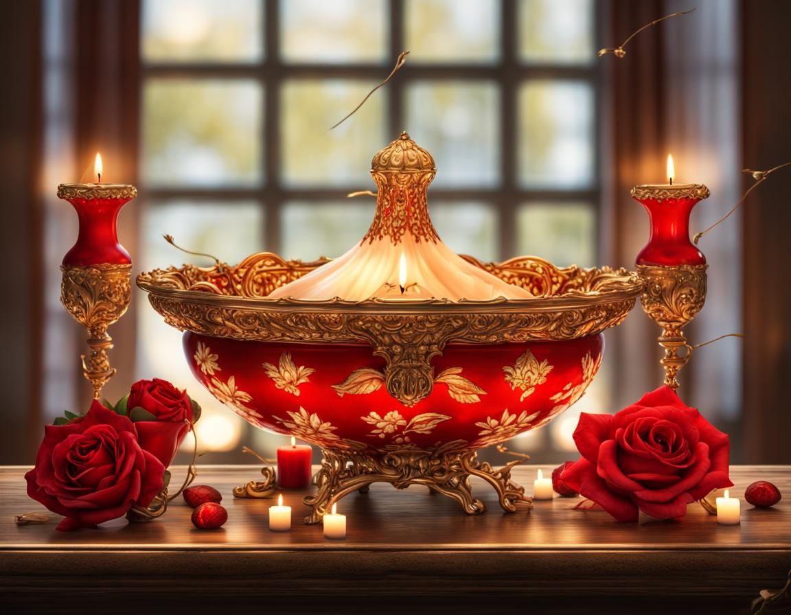 Luxury Porcelain Bowl with Lilies and Asian Lanterns