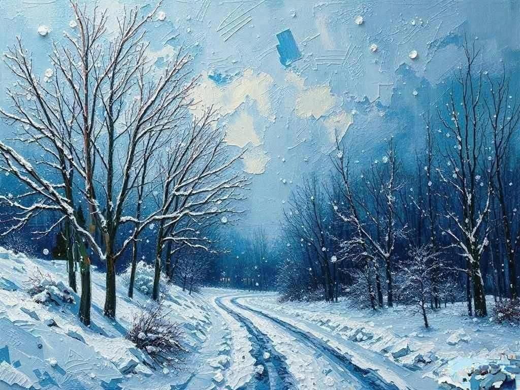 Winter Scene as Impasto Abstract Oil Painting