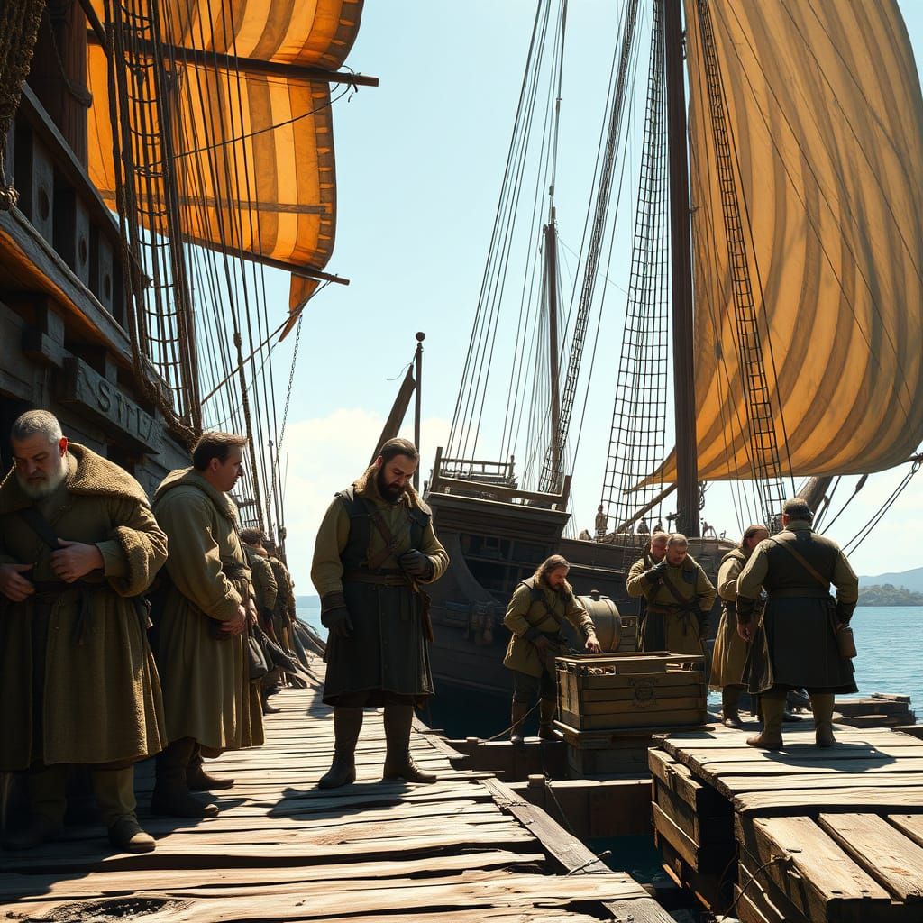 Medieval Sailors Inspect a Ship in a Vibrant, Cinematic Land...