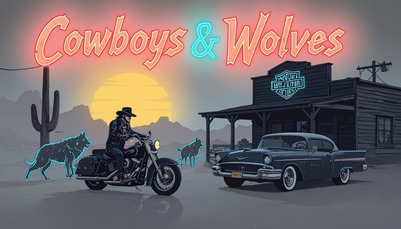 Neon Grunge Western Biker Art with Cowboys & Wolves