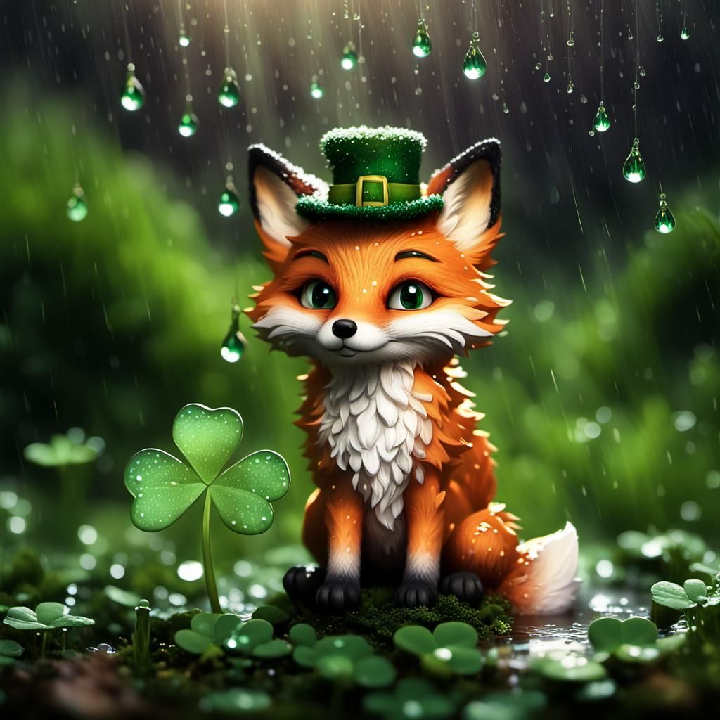 Chibi Fox Leprechaun Under Clover: 3D Microphotograph