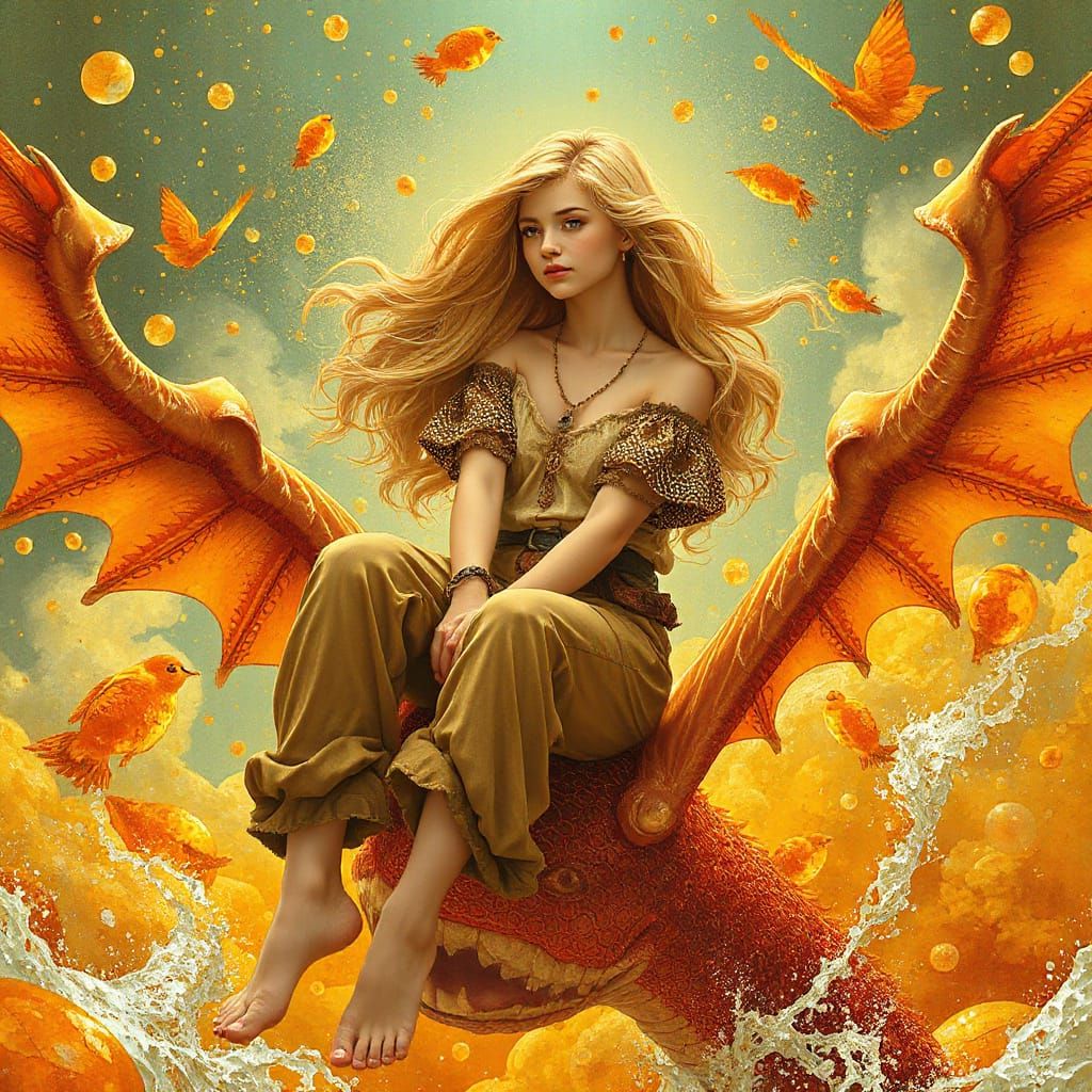 Woman on Gummy Dragon in Effervescent Soda Sea