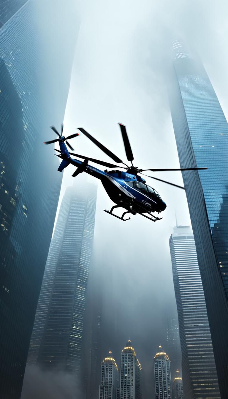 Police Helicopter in Flight Over Futuristic City