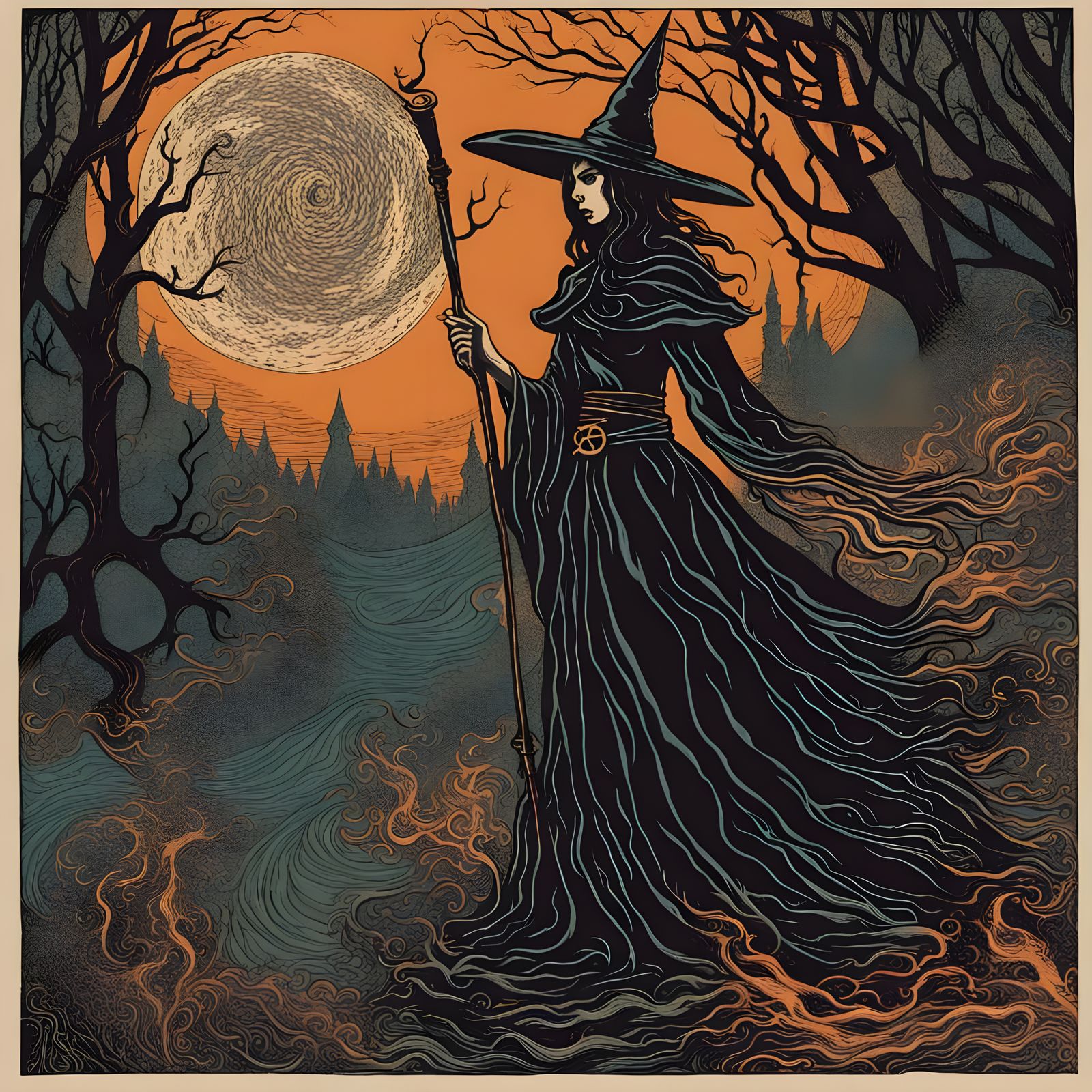 Epic Fantasy Witchcraft in Woodblock Print Style