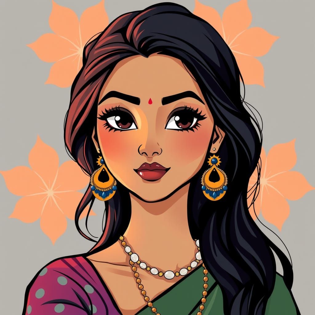 Gorgeous Indian Woman in Cartoon Style