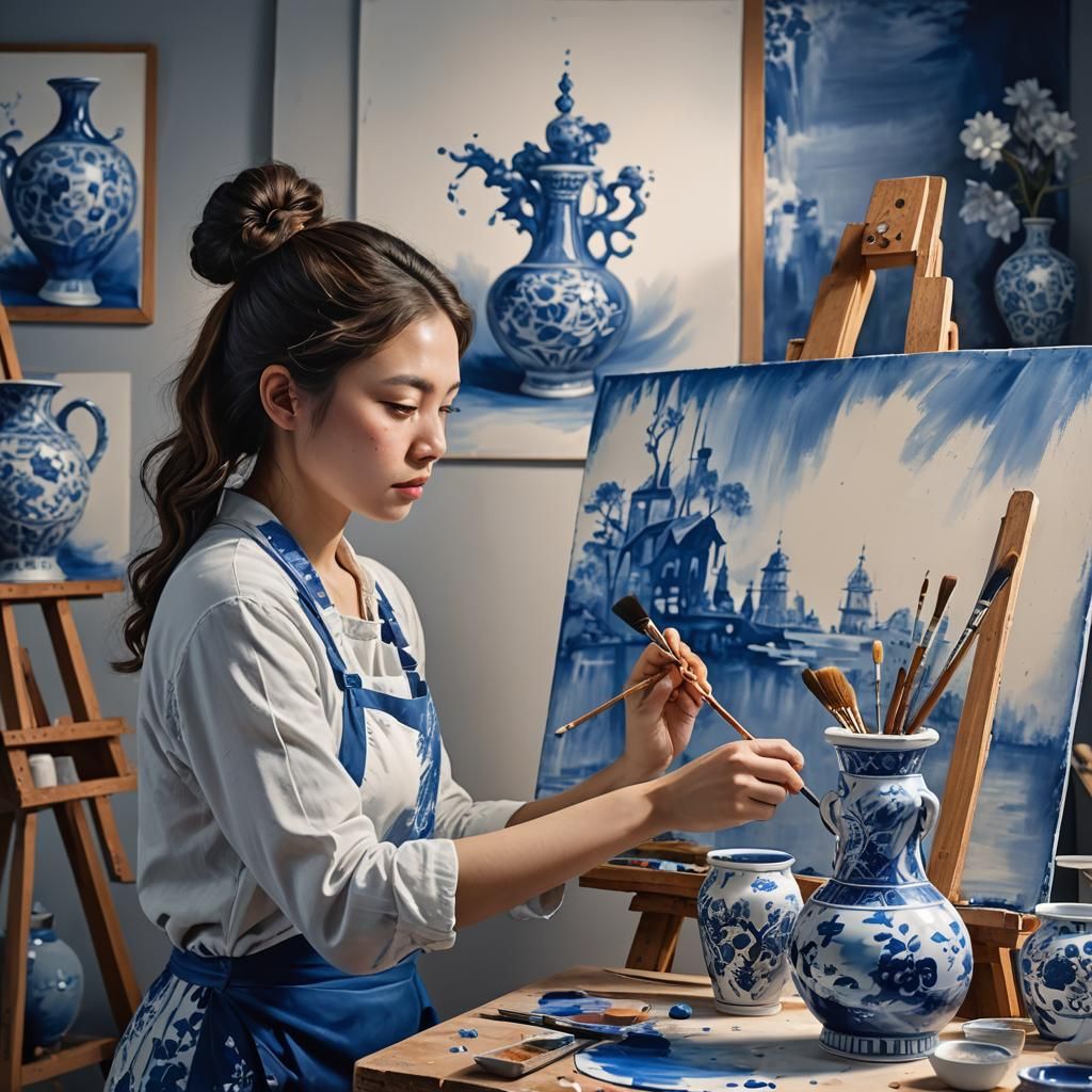 Girl Painting Delft Blue Vase in Vibrant Splash Art