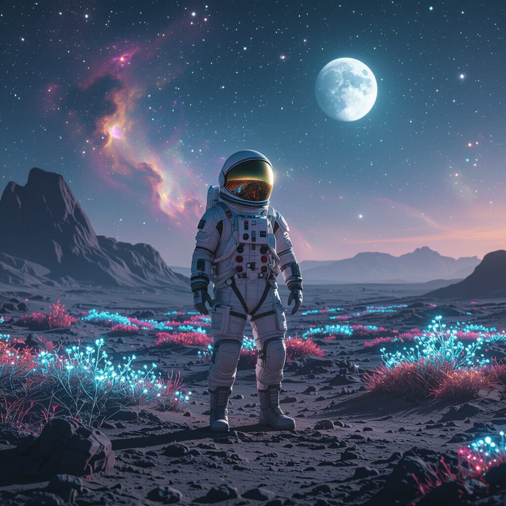 Astronaut on Alien Planet Under Swirling Nebulae