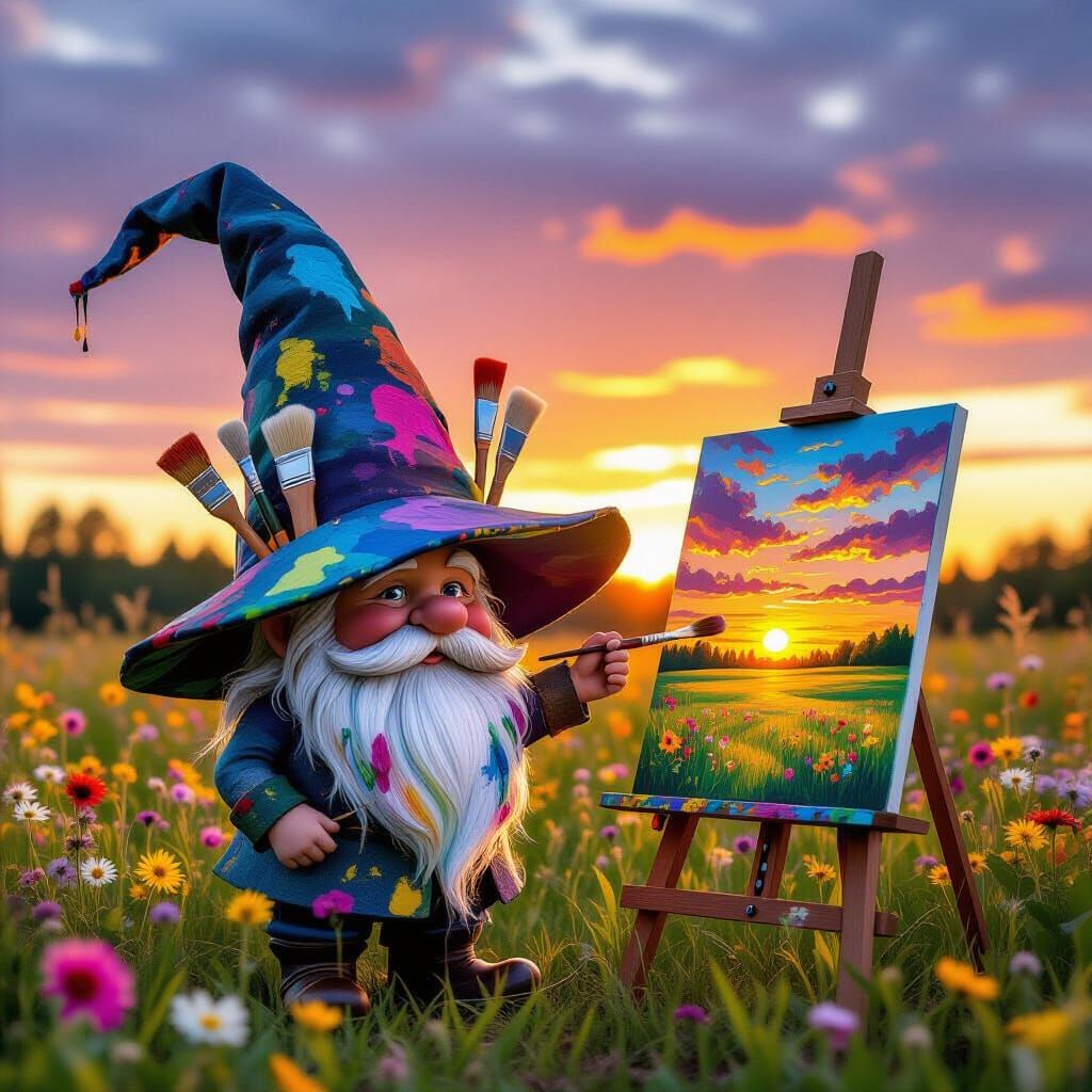 Gnome Artist Painting Vibrant Sunset, Fantasy Art