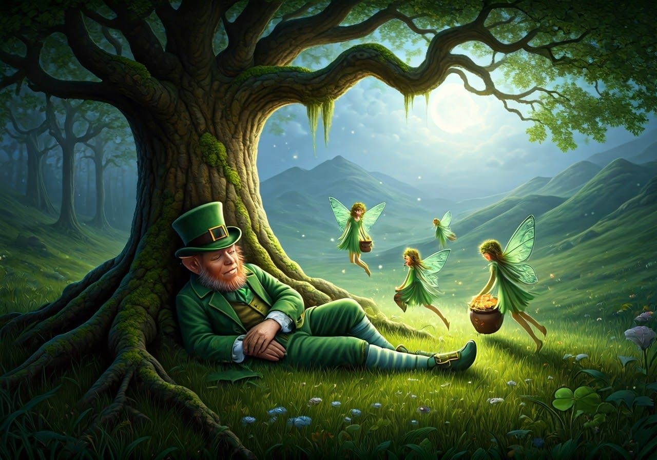 Peaceful Irish Leprechaun Slumbers Under Ancient Tree