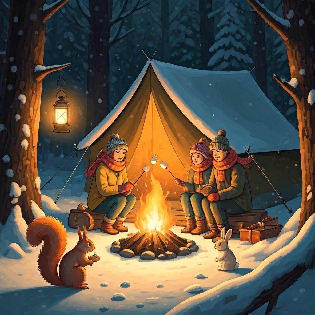 Cozy Winter Camping Scene with Squirrel and Bunny