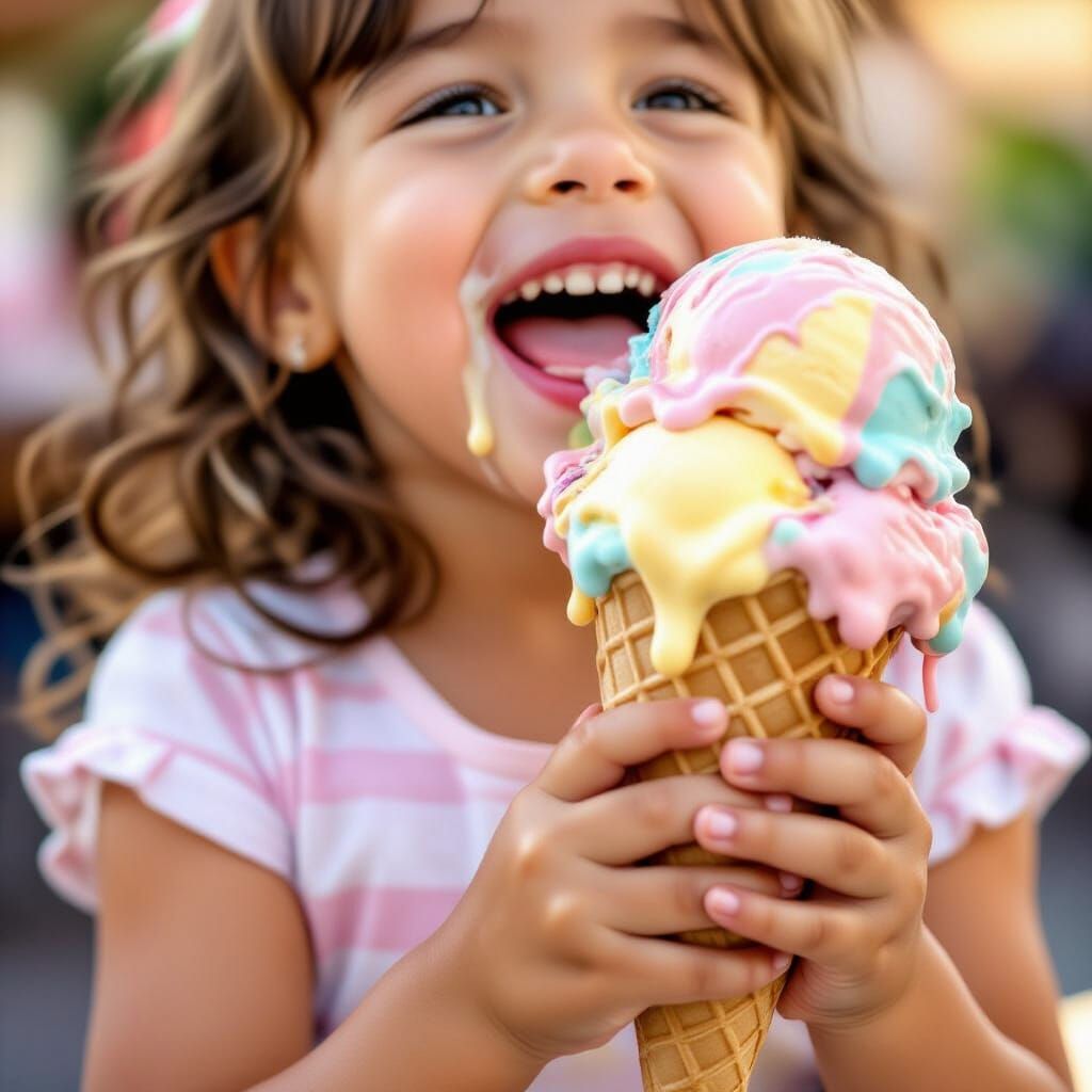 Girl Enjoys a Melting Multi-Flavored Ice Cream