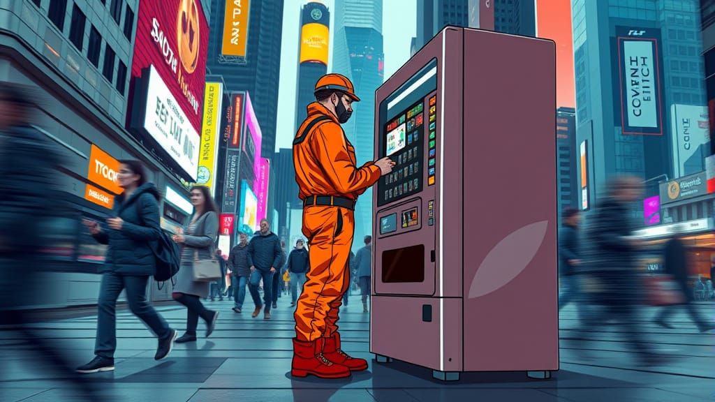 Worker Collects Cash from Futuristic Vending Machine on Bust...