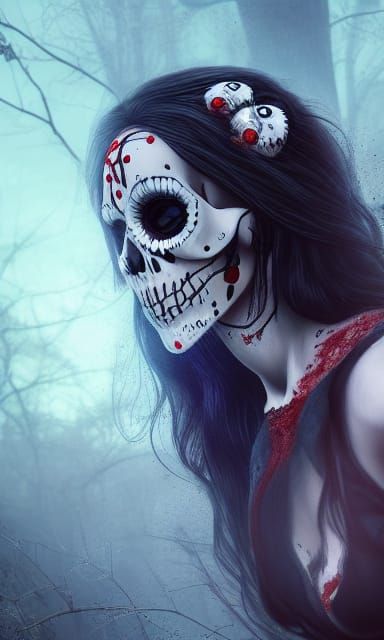 Eerie Ghost Woman with Skeleton, Photorealistic Style