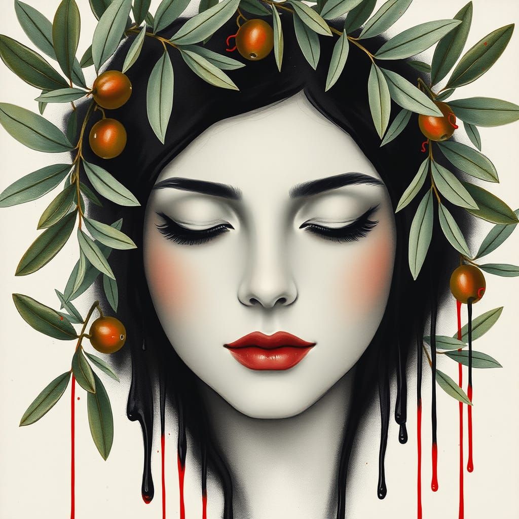 Elegant Palestinian Woman in Monochromatic Drip Art