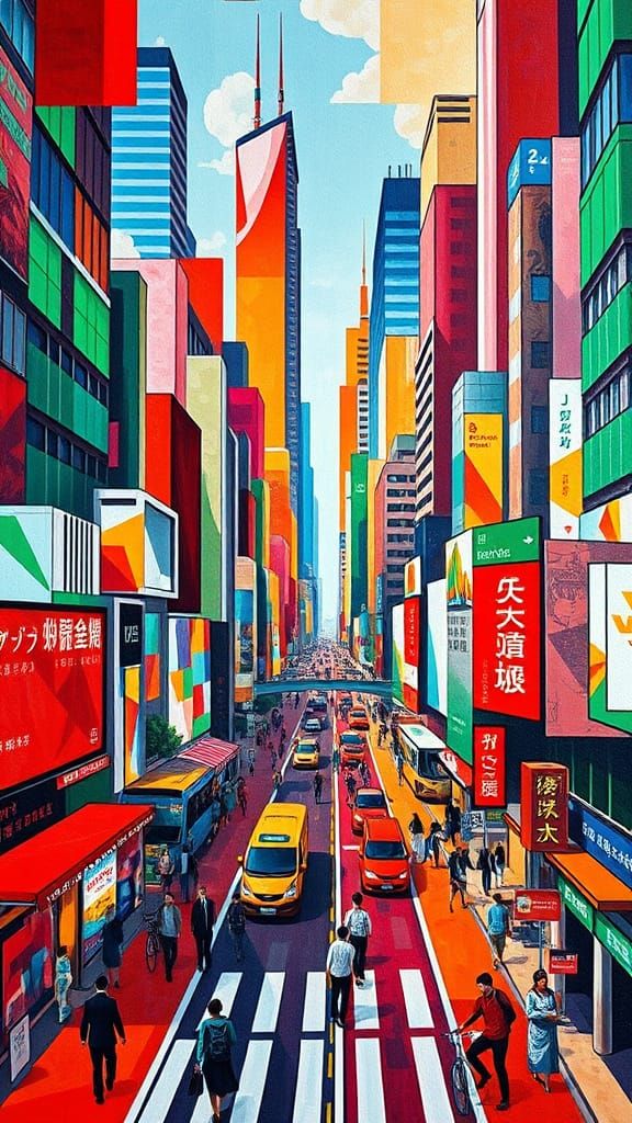 Vibrant Urban Metropolis in Cubist Style