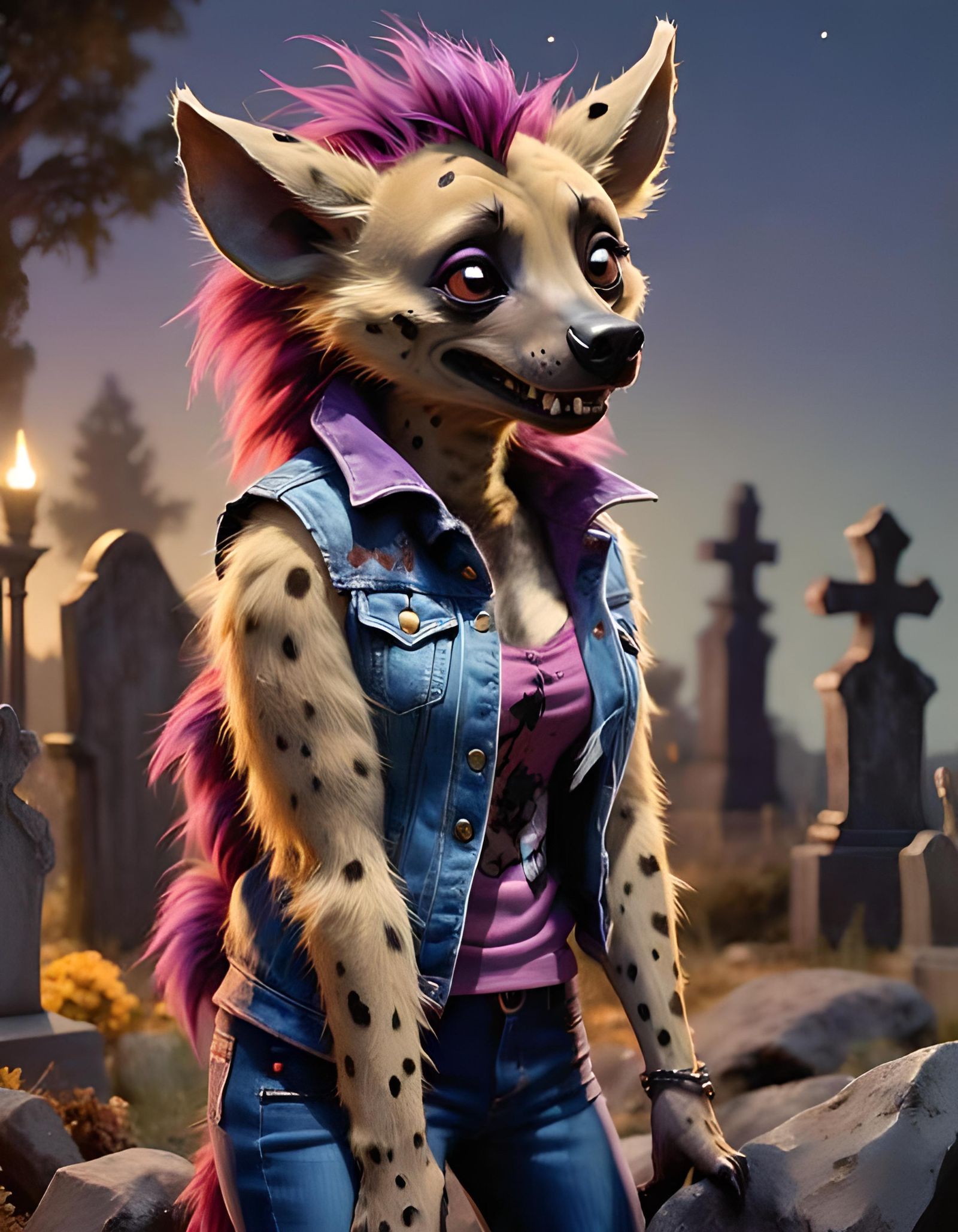Photorealistic Furry Hyena with Mohawk in Graveyard