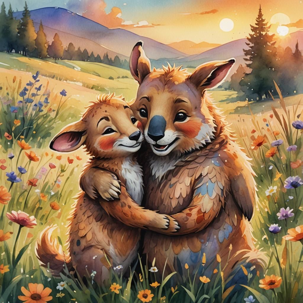 Anthropomorphic Animals Embrace in Sunset Meadow: Cartoon Il...