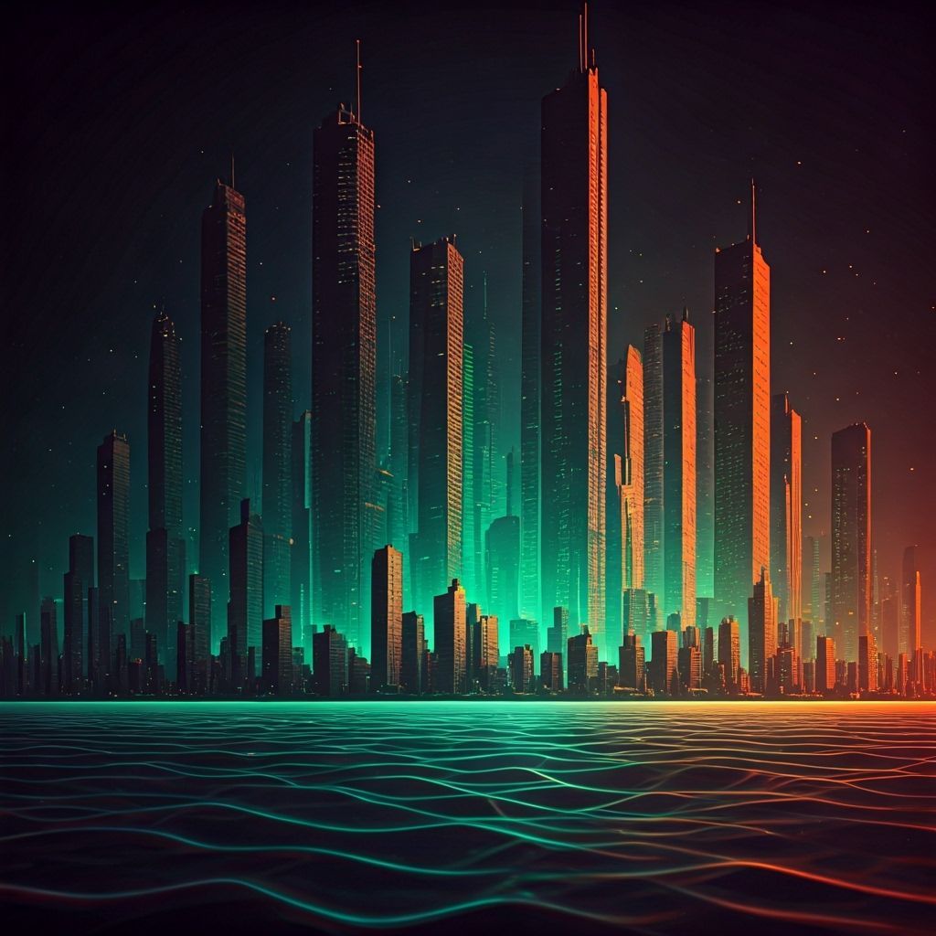 Glitchcore Cityscape with Neon Hues and Ink Strokes