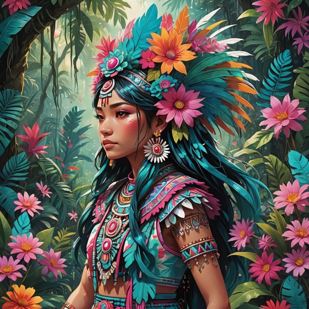 Aztec Girl in Jungle, Vibrant Anime Style