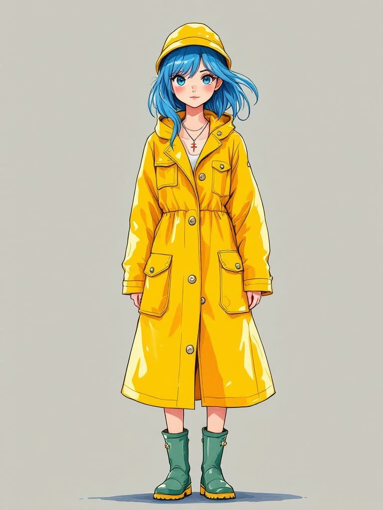 Anime Girl in Raincoat, Watercolor Illustration