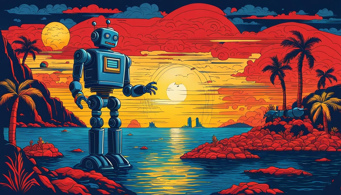 Robot in Dark Blue Ocean with Red Sky
