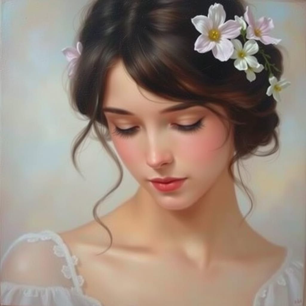 Romantic Oil Painting: Young Woman with Flowers