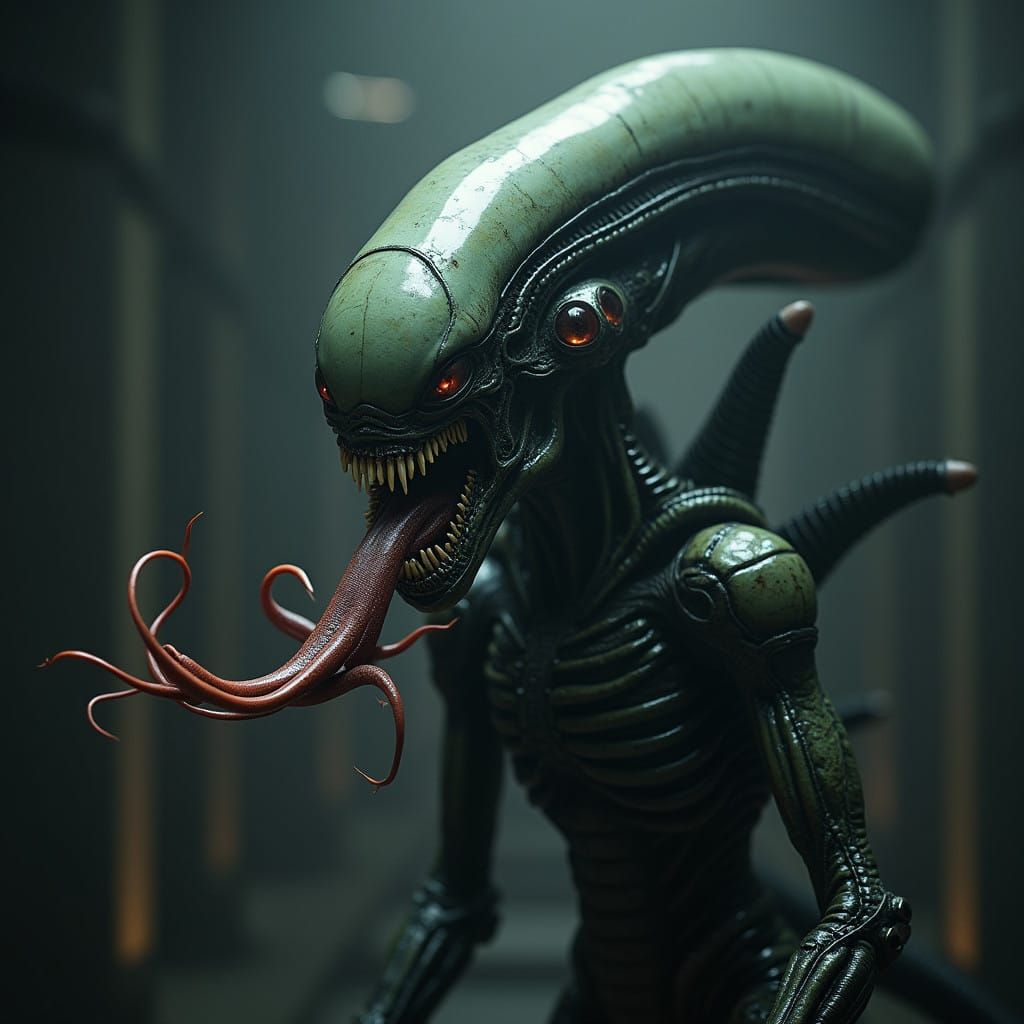 Cinematic Alien in Dark, Futuristic Landscape