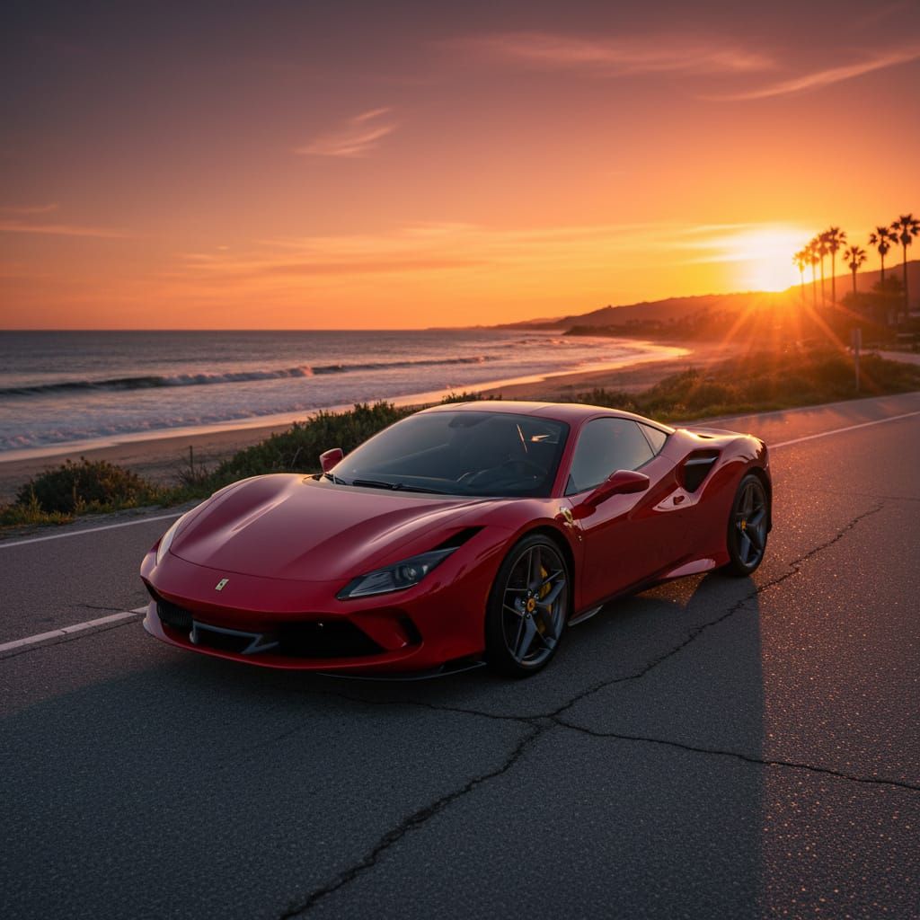 Scarlet Ferrari F8 Tributo on Coastal Road at Sunset