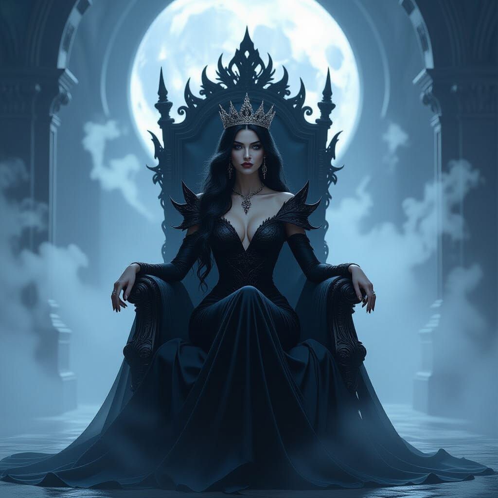 Queen of Shadows in Moonlit Throne Room
