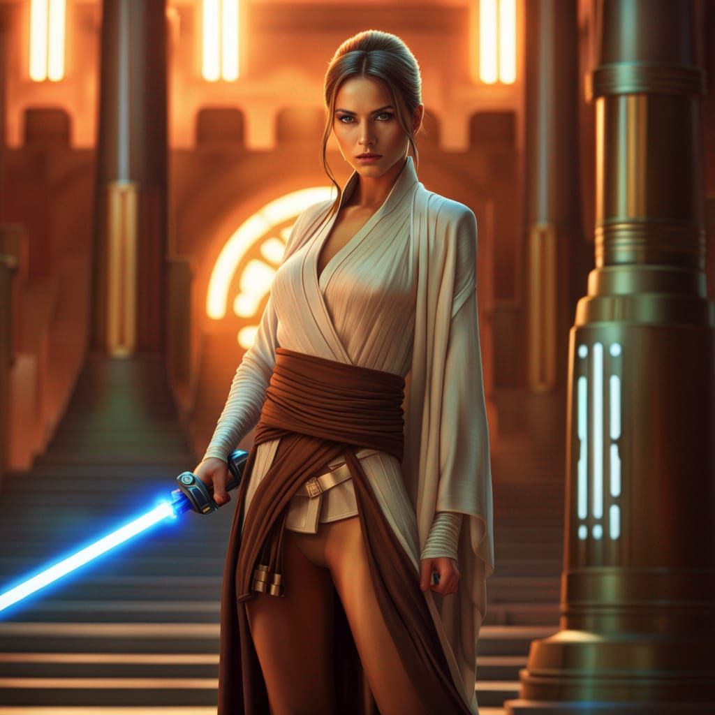Gorgeous Female Jedi with Lightsaber at Temple