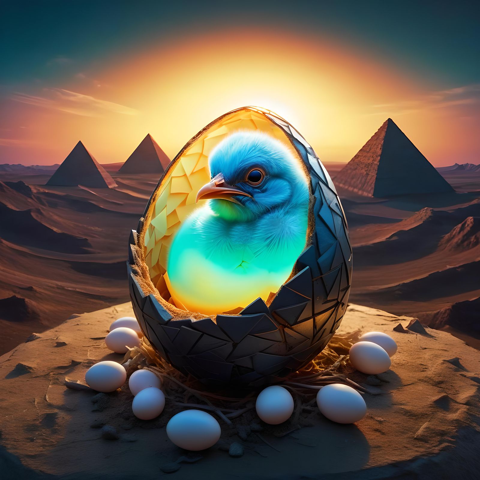 Glowing Baby Bird Monster in Surreal Landscape