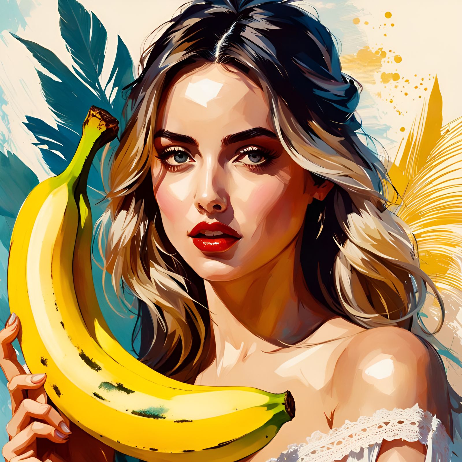Portrait of Woman Holding Banana in Pin-Up Style