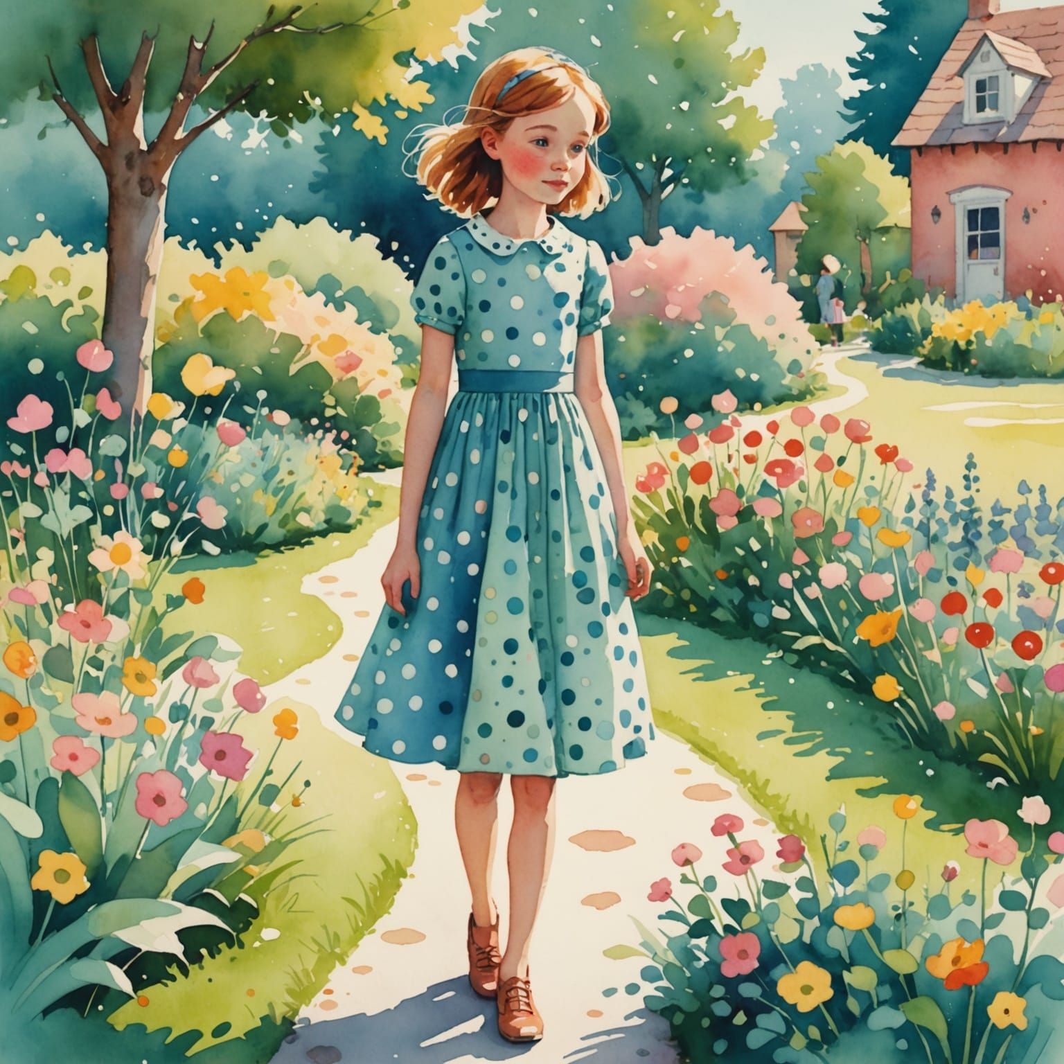 Colorful Garden Girl in Watercolor and Ink