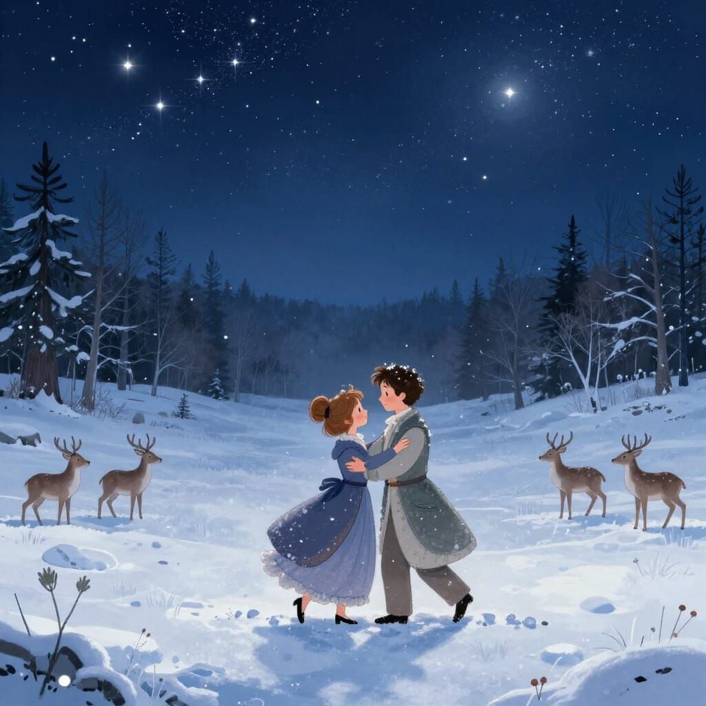 Snow Couple Dancing Under Starry Night Sky