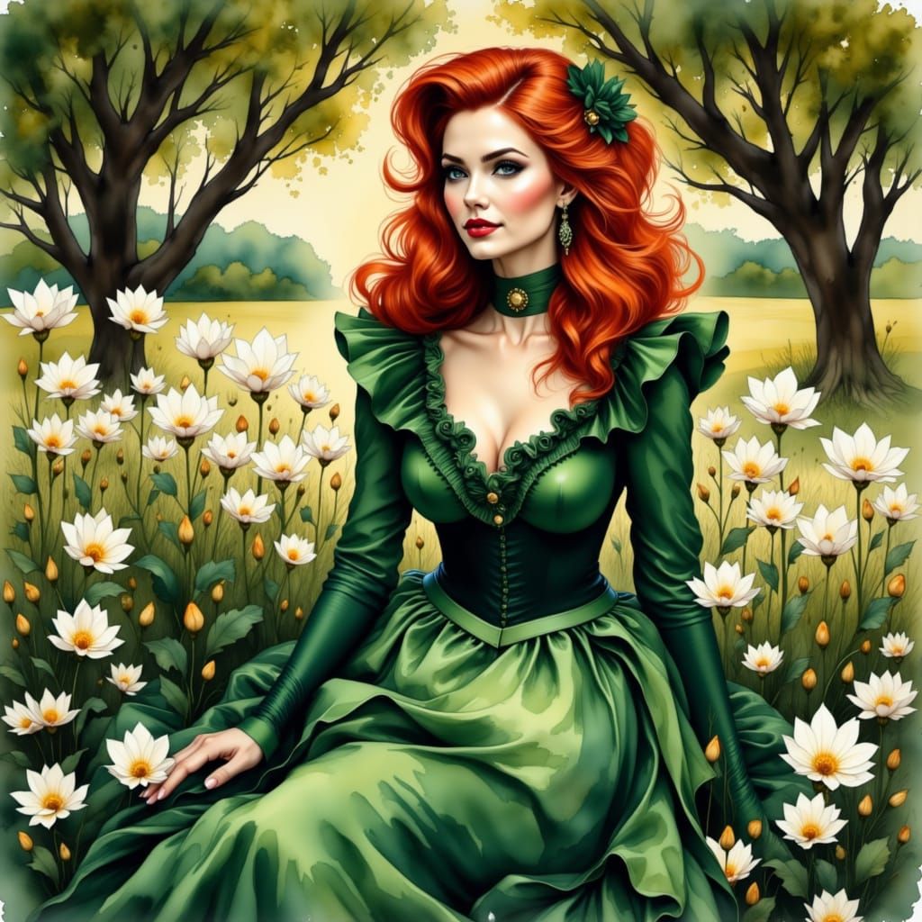 Scarlett O'Hara in Green Dress: Watercolor Illustration
